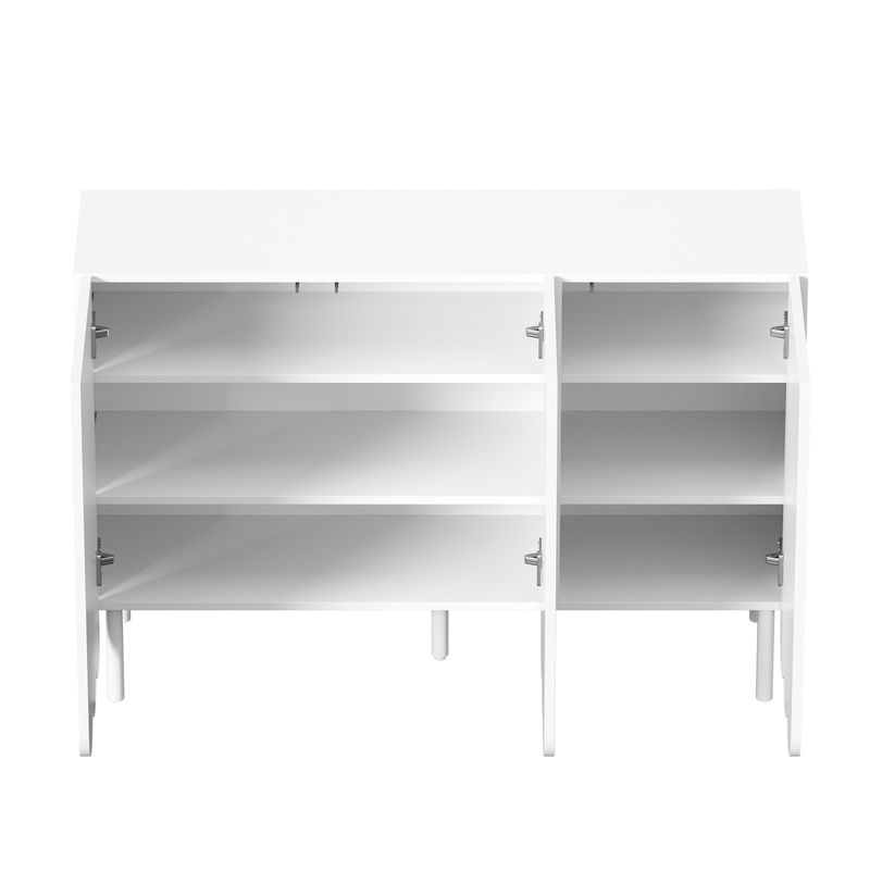 Buffet blanc moderne avec portes ondulées, 120 x 35 x 80 cm, design sans poignées, étagères réglables, meuble de rangement pour salon, couloir et salle à manger._voghion.com