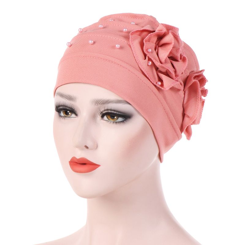 beaded corn kernels, double flowers, single side plate flower pleated turban hat in stock_voghion.com