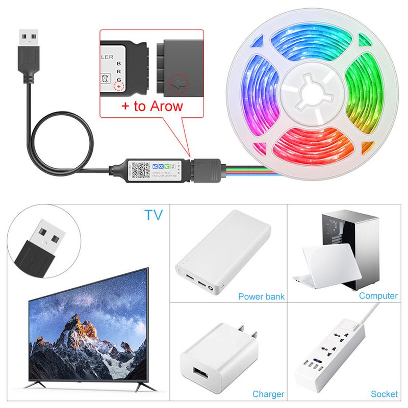 Striscia LED RGB USB 5V 5050 SMD - Telecomando Bluetooth e IR, 16 milioni di colori, luce flessibile autoadesiva per retroilluminazione TV, configurazione di gioco_voghion.com