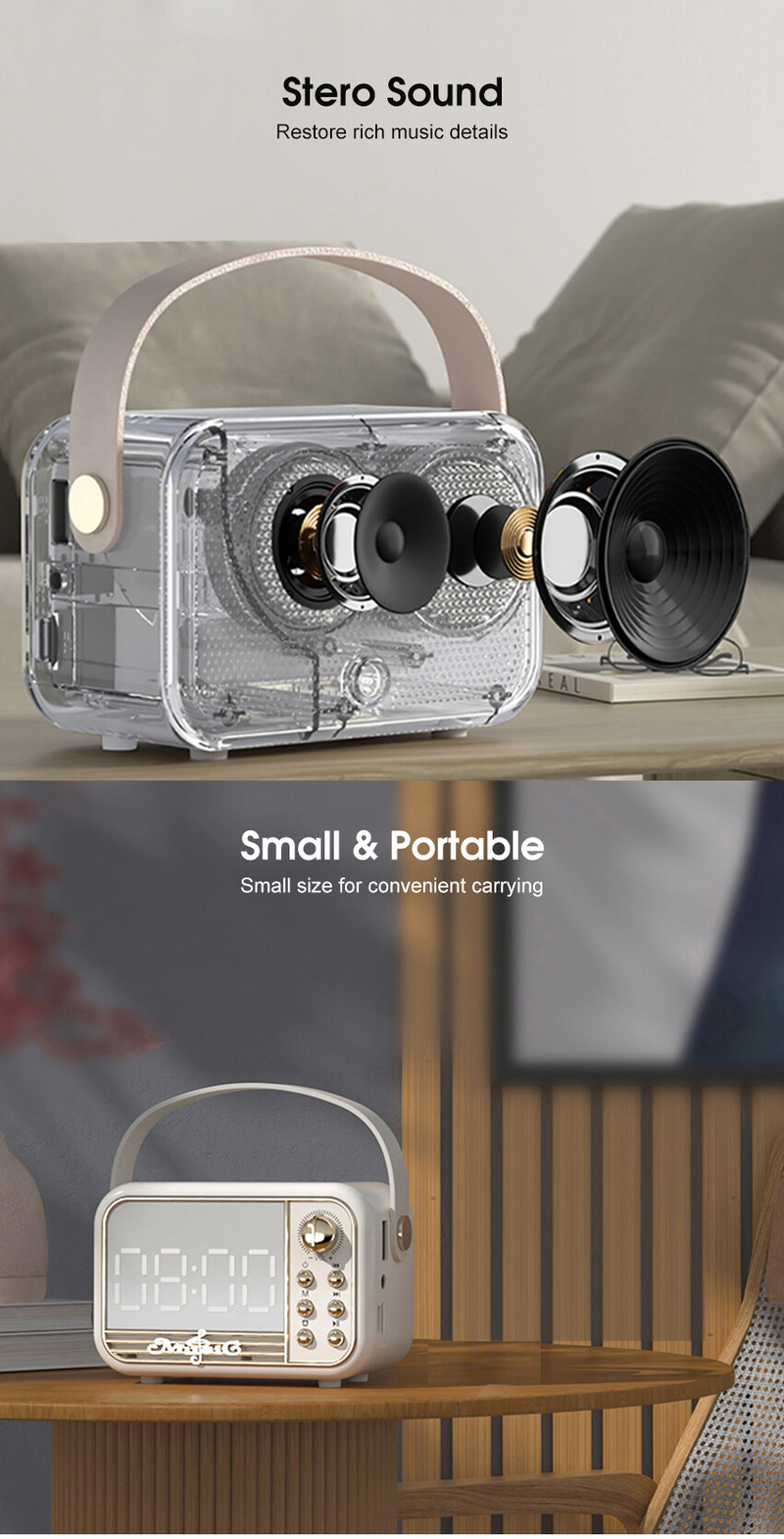 2024 Mini Retro Bluetooth Speaker Wireless Bluetooth Music Player Mirror Screen Digital Alarm Clock Multifunction LED Mirror Bluetooth Speaker TF Car_voghion.com