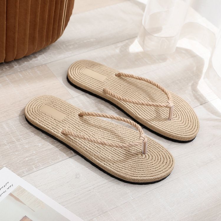 Women's flip flops imitation straw flat shoes outdoor beach flip flops_voghion.com