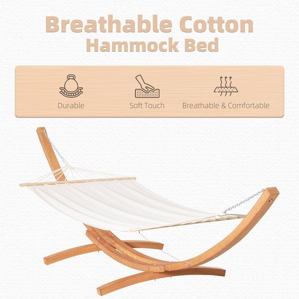 154'' X 47'' Outdoor Hammock, Arch Wooden Hammock With Stand, Single Bed W/ Straps And Hooks, White_voghion.com