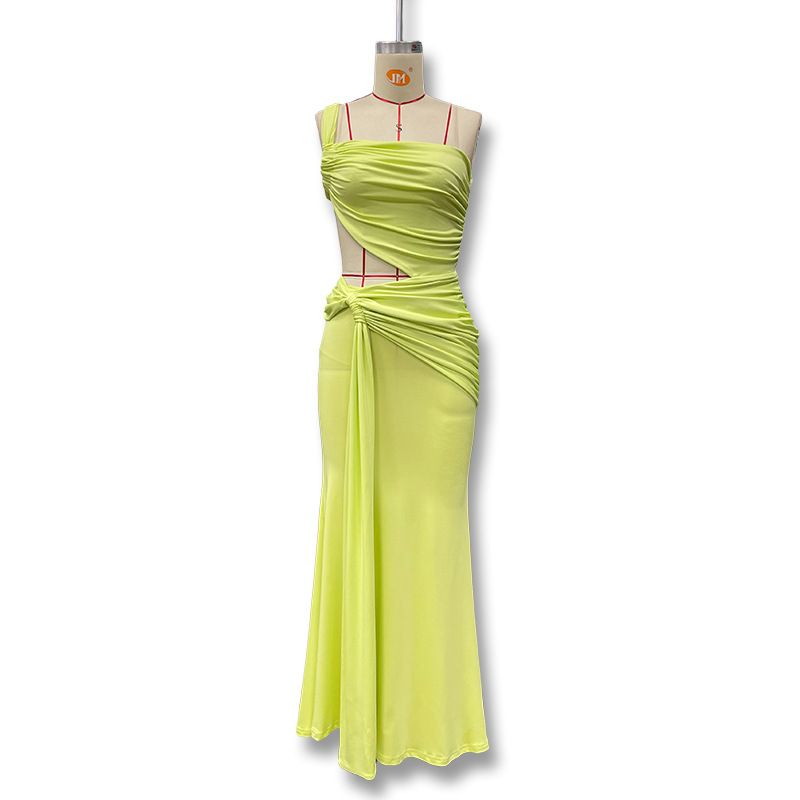 Abito lungo arricciato con lacci, tinta unita, alla moda, con schiena scoperta, monospalla, estivo 2025_voghion.com