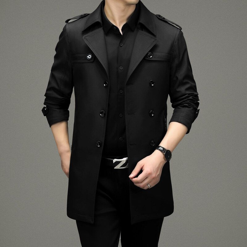 2025 Trench Coat With Turn-Down Collar, Mid-Length, Dad Style, Business Casual, Spring Summer, Middle-Aged Men's Jacket,_voghion.com