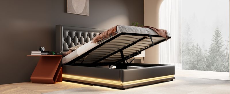 Lit double 160 x 200 cm, matelas en polyuréthane noir, lit coffre hydraulique avec chargement USB Type-C et éclairage LED sur 3 côtés, tête de lit rembourrée (matelas inclus)._voghion.com