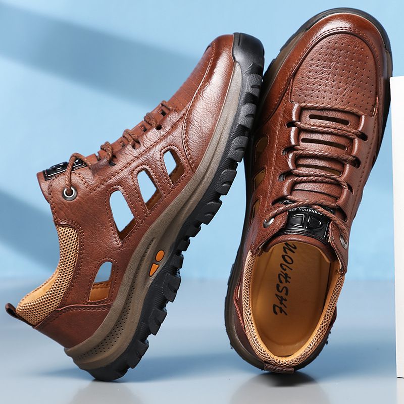 Sommer-Sportsandalen aus Leder mit weicher Sohle, ausgehöhlte Baotou-Wanderschuhe für Herren im Freien, atmungsaktive perforierte Schuhe_voghion.com