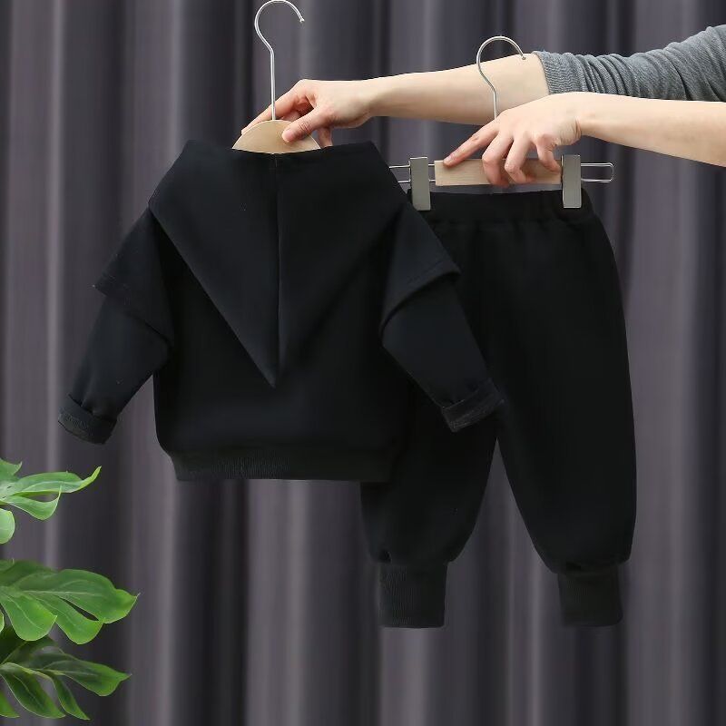 Conjunto de chándal con capucha y forro polar suave para niños de 3 a 8 años, unisex, cálido conjunto de chándal de invierno, jersey y pantalón abrigados (negro/caqui)_voghion.com
