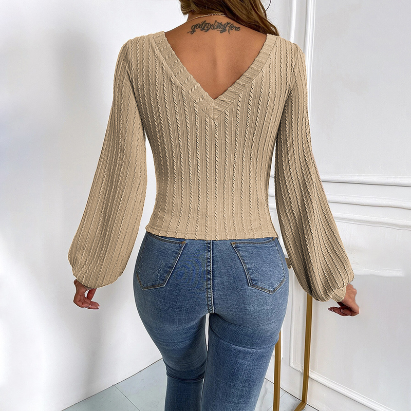 T-shirt da donna a maniche lunghe lavorata a maglia con temperamento slim fit con scollo a V e maniche a palloncino_voghion.com