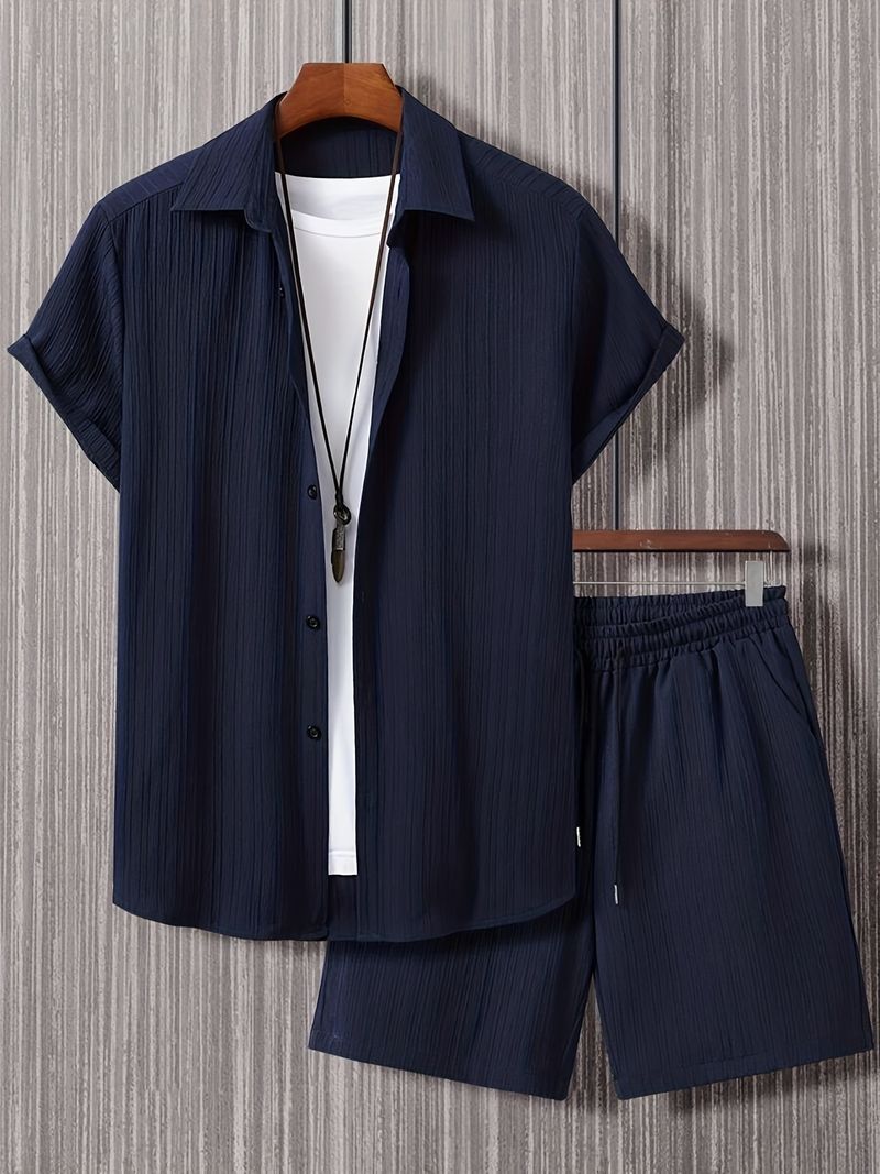 Roupas masculinas jaqueta solta de manga curta com botões, cor sólida, shorts, terno casual, moda verão, esportivo, roupa masculina, terno de duas peças_voghion.com