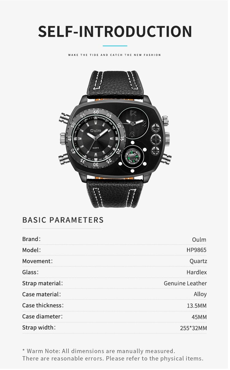 Men's Dual Time Zone Fashion Watch With Compass Design, Large Square Dial, Genuine Leather Strap, Singapore Quartz Movement Luxurious Gift_voghion.com