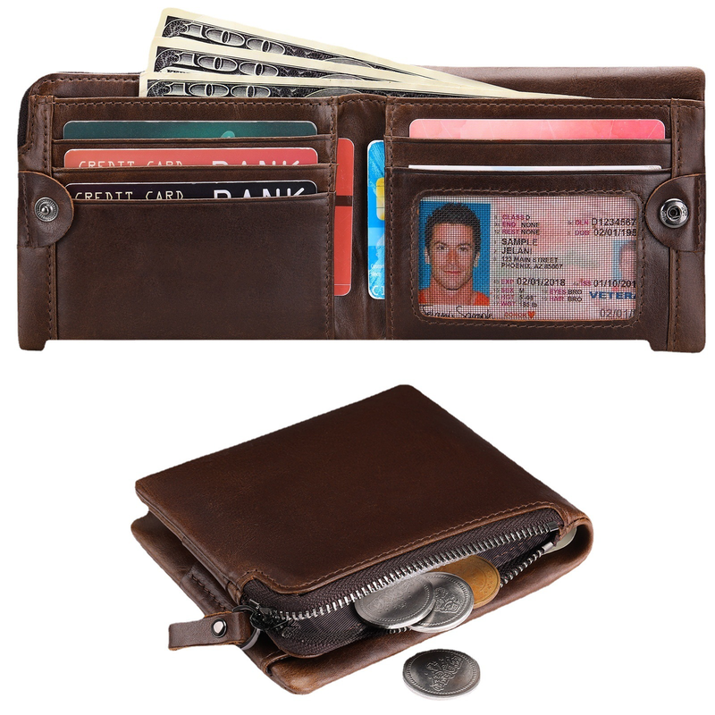 wallet men's wallet rfid anti-theft brush genuine leather short wallet multi-card retro zipper wallet_voghion.com