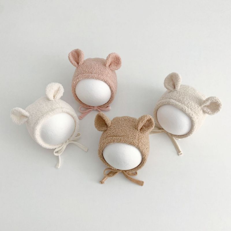 Cappello per neonati Cappello per neonati con piccole orecchie carine in peluche con lacci, cappello caldo autunnale e invernale_voghion.com