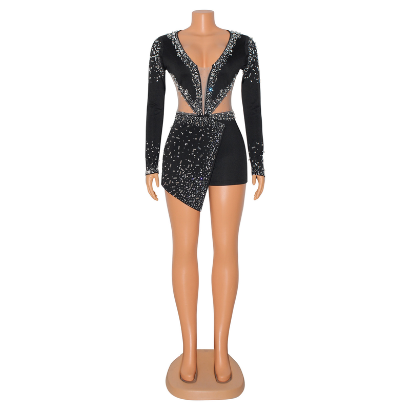 Abbigliamento donna autunno e inverno nuovi vestiti sexy scollo a V hot diamante attillato manica lunga tuta per le donne_voghion.com