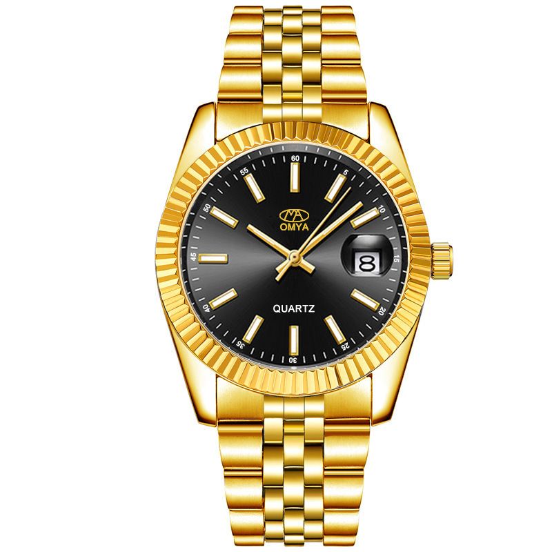 Reloj de cuarzo para hombre, resistente al agua, con calendario y correa dorada para mujer_voghion.com