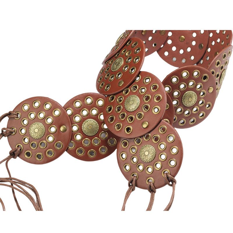 Studded Round Disc Rope Tie Knot Ethnic Style Women Bohemian Waist Ring Elastic Belt For Ladies_voghion.com