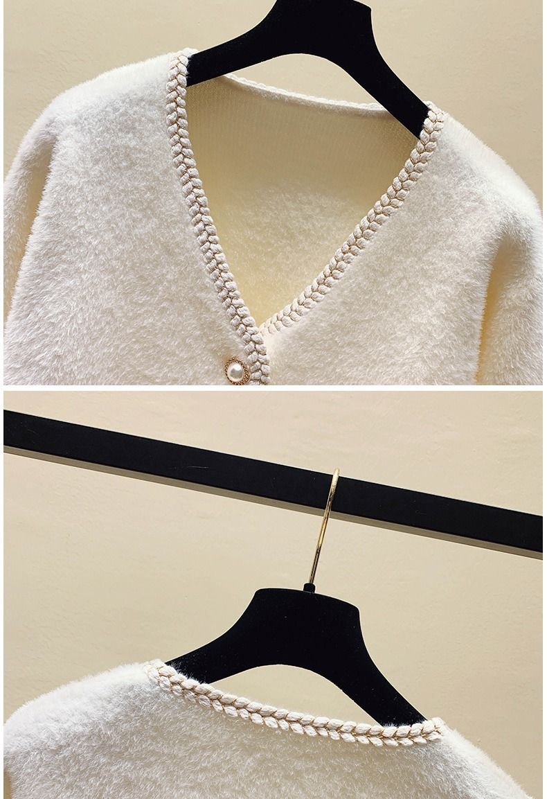 Women's Faux Mink Knit Cardigan With Pearl Buttons - Oversized V-neck Long Sleeve Open Front Sweater For Fall Winter_voghion.com