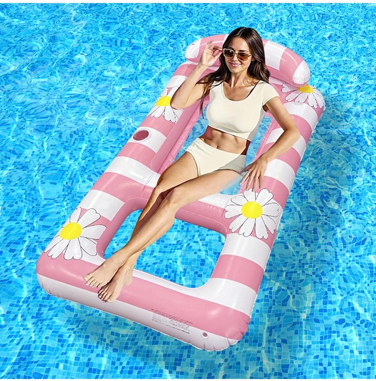 Poltrona gonfiabile a righe quadrate con seduta in rete e poggiatesta - Galleggiante singolo in PVC per piscina per adulti (fondo antiscivolo ad asciugatura rapida)_voghion.com