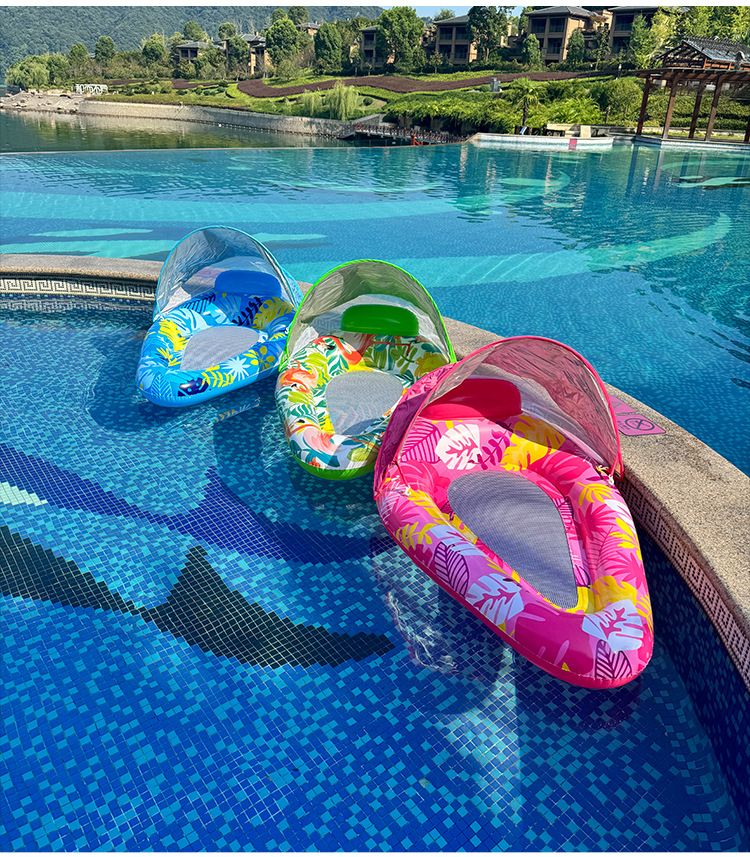 Premium Shaded Pool Lounger - Leaf Print Design With Breathable Mesh & Adjustable Canopy (200cm Reinforced PVC For Adults Beach/Pool Float)_voghion.com