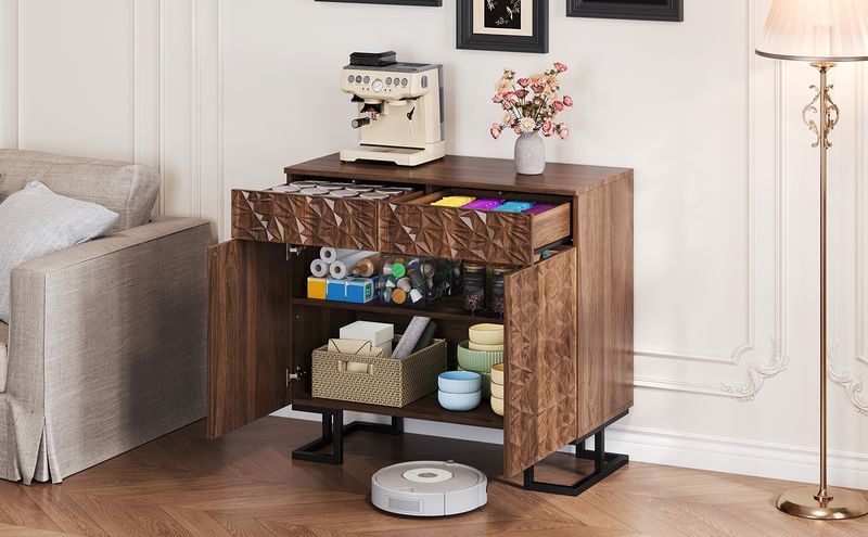 Credenza Kommode 80x78cm Walnussoptik Mit Blattrelief, 2 Schubladen & 2 Türen, Metallbeine_voghion.com