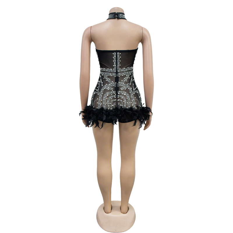 Women's solid color mesh hot diamond sleeveless shorts jumpsuit_voghion.com