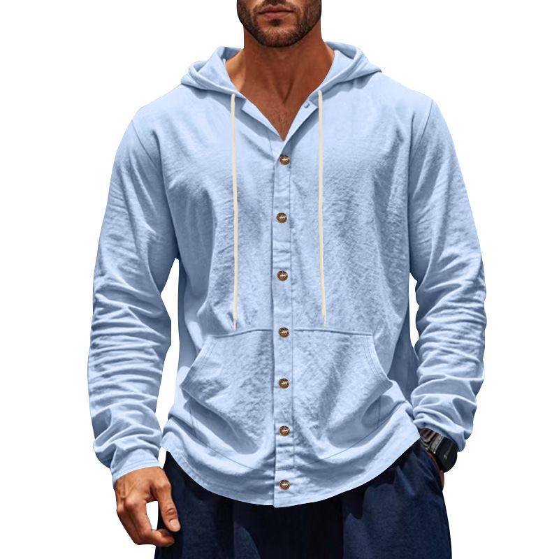 Spring And Autumn American Loose Men's Loose Linen Casual Simple Beach Hooded Long Sleeve Shirt Men_voghion.com