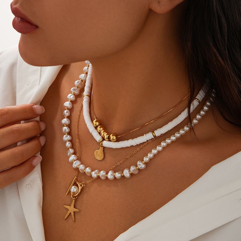 Polimer kil inci istifleme tarzı ins tarzı kolye düzensiz kabuk denizyıldızı şekli moda kişilik kolye_voghion.com