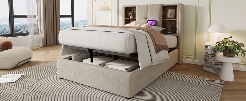 Lit simple avec recharge sans fil USB-C, cadre de lit rembourré avec rangement 90 x 200 cm, sommier à lattes en bois, tissu en lin naturel (avec matelas)_voghion.com