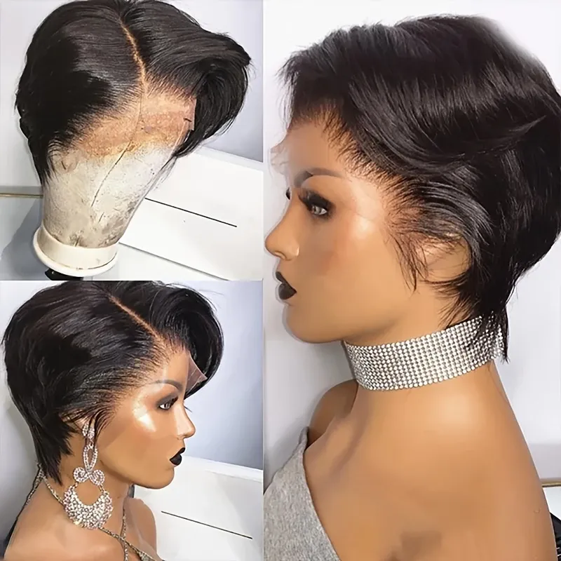 150 Tiheys 6 Tuumaa 13x1 T-Osainen Lace Lyhyt Pixie-Leikattu Peruukki Suora Remy-Hiusta Peruukki Luonnonmusta Naisille_voghion.com