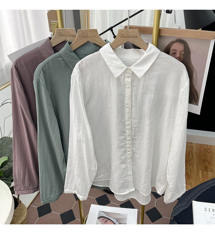 Camisa retro de algodón y cáñamo de color liso para mujer, primavera/verano 2024, nueva camisa holgada de manga larga con encaje y panel de encaje._voghion.com