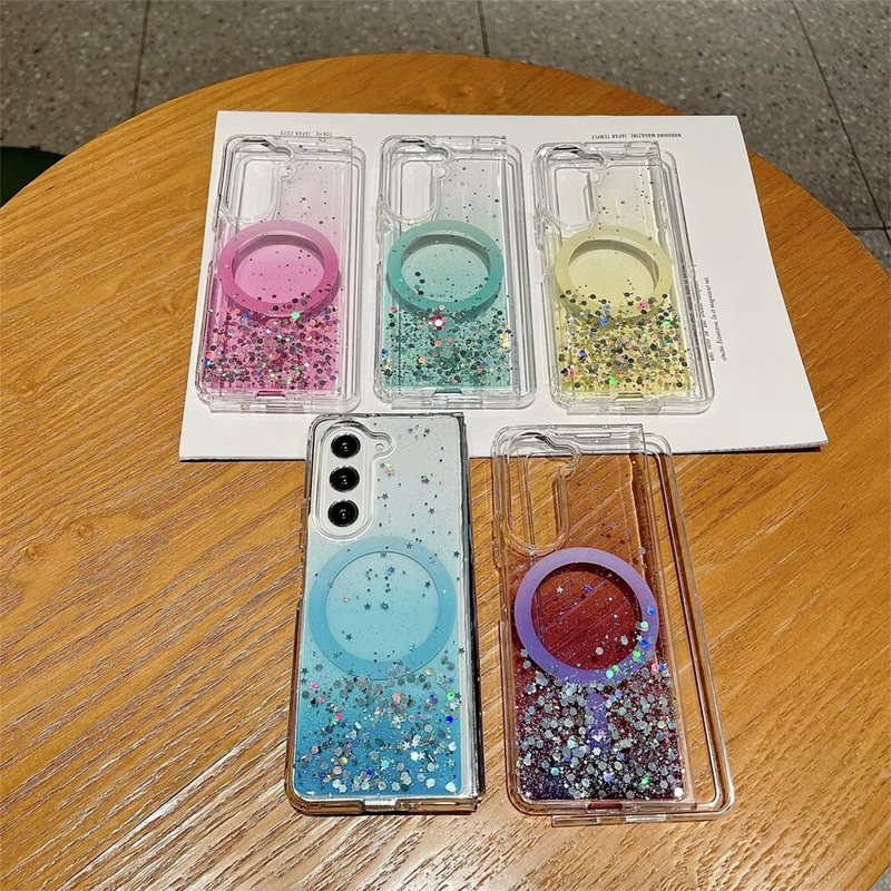 Magnetic Glitter Clear Case for Samsung Galaxy Z Flip 5 3 Flip5 Fold 4 Zflip3 Gradient Wireless Charger Soft Cover_voghion.com