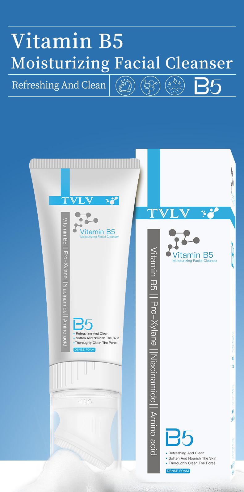 Cross Border TVLV Vitamin B5 Moisturizing Cleanser Deep Cleansing With Massage Brush Head Amino Acid Cleanser_voghion.com