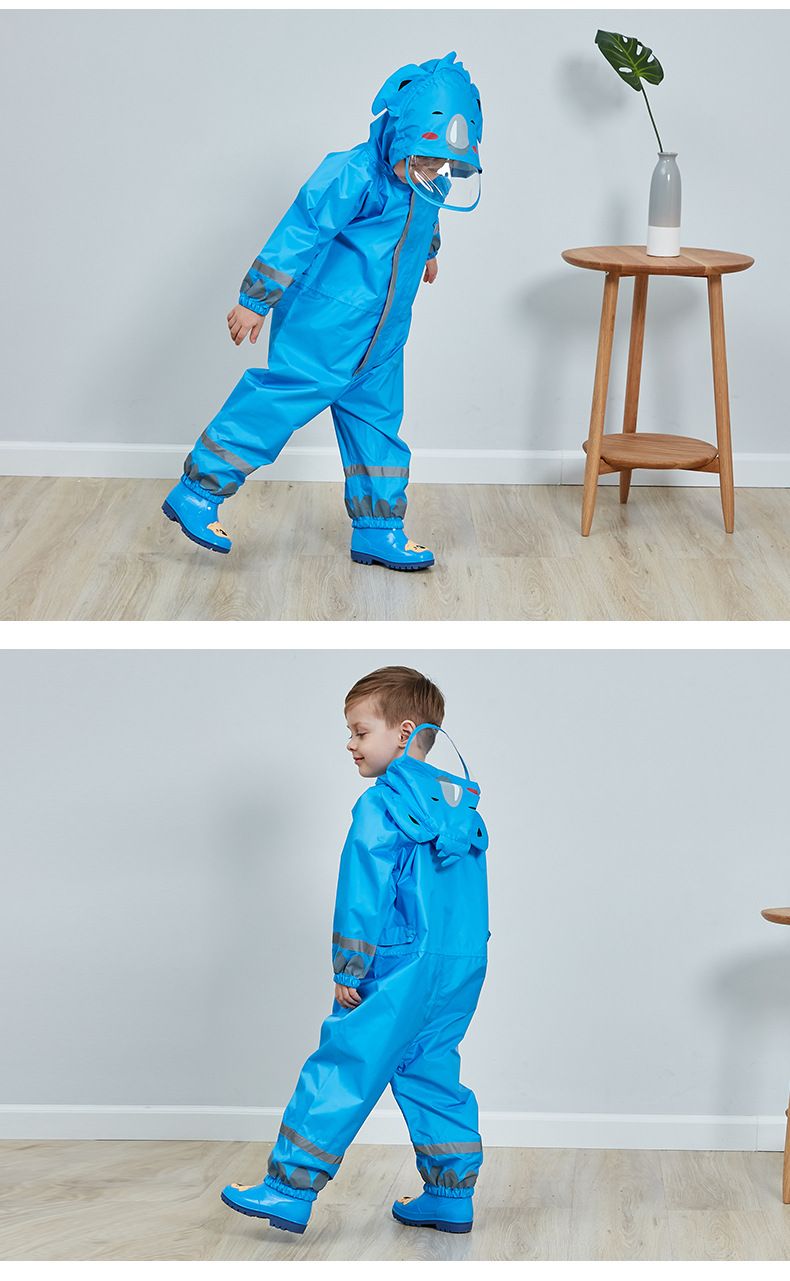 Cross-border three-dimensional boys and children's conjoined raincoat girls light hooded children's poncho reflective strip factory direct sales_voghion.com