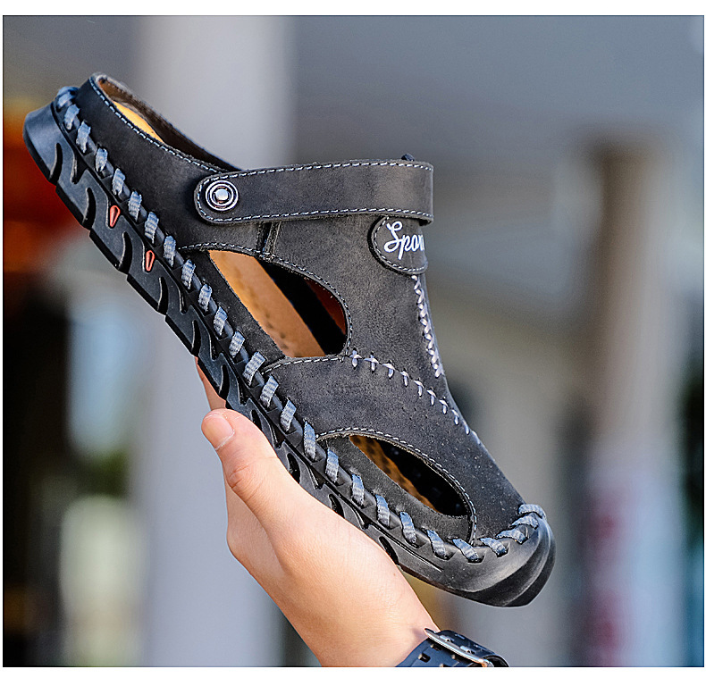 Store strandsko med dobbelt formål, pustende, uformelle hule skinnsandaler med to lag, kuskinn, herresko_voghion.com