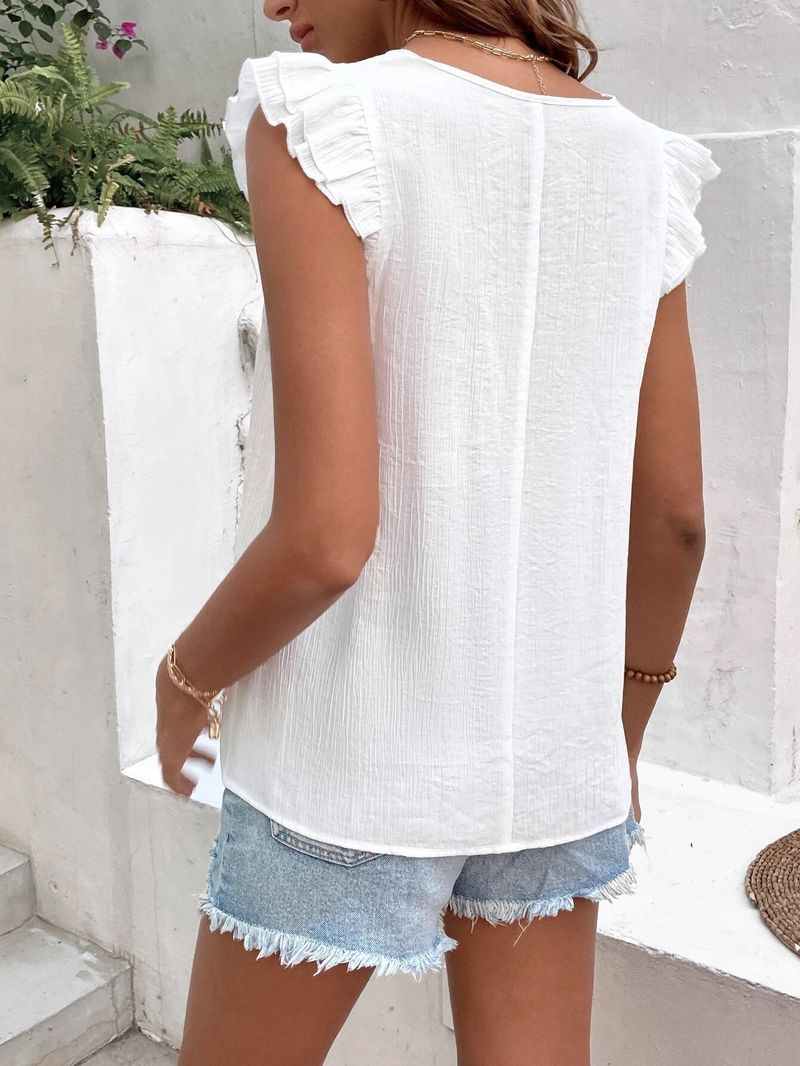 2023 New Lace Shirt V-neck Ruffle Sleeve Women's Pullover Loose Casual Shirt_voghion.com