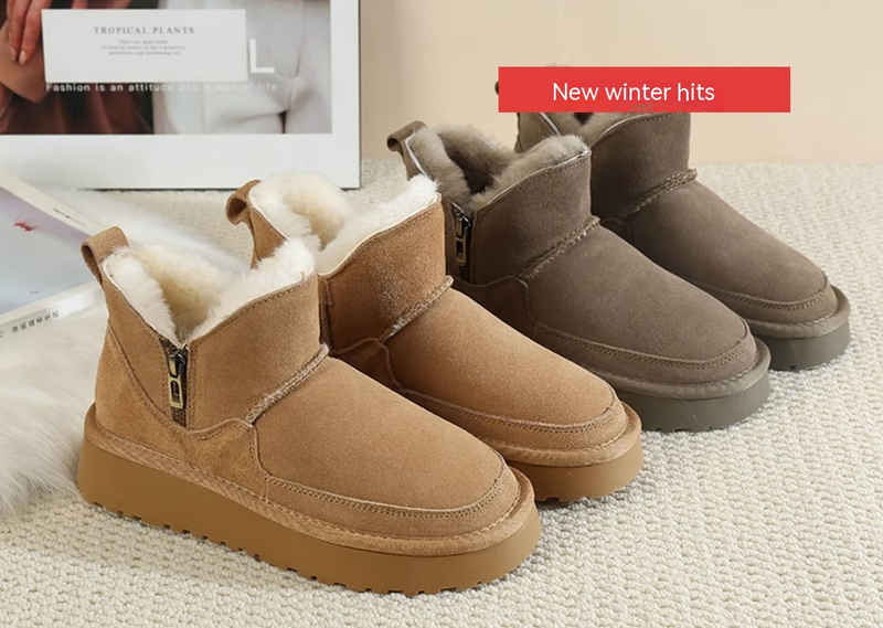 Nordeste com sola grossa de neve com zíper para botas curtas femininas com pele integrada, pelúcia de lã e espessada_voghion.com