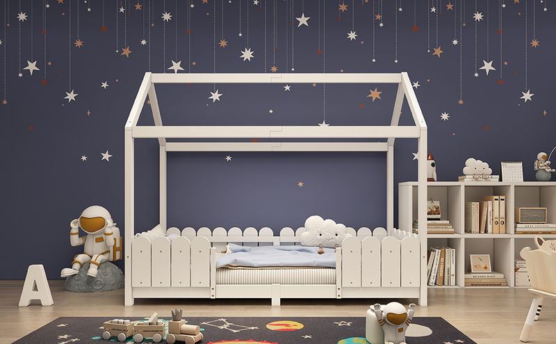 Hausbett 90x200cm, Holz-Kinderbett Mit Rausfallschutz, Bianco_voghion.com