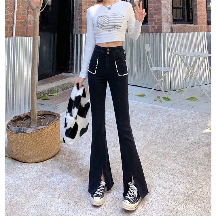 Schlaghose für Damen, mit hoher Taille im Hong Kong-Stil und schlankmachendem Effekt. Schicke Slim Fit-Jeans für Damen 2022 mit Doppelknopf_voghion.com