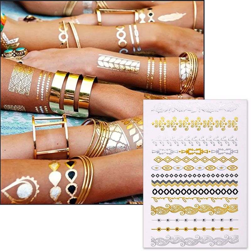 Adesivi per tatuaggi temporanei metallici impermeabili color oro Zhengxiang con stampa argentata_voghion.com