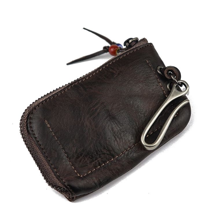 Portachiavi da donna in pelle conciata al vegetale primo strato, portachiavi da uomo con cerniera in stile retrò in vecchia pelle di vacchetta lavata fatta a mano_voghion.com