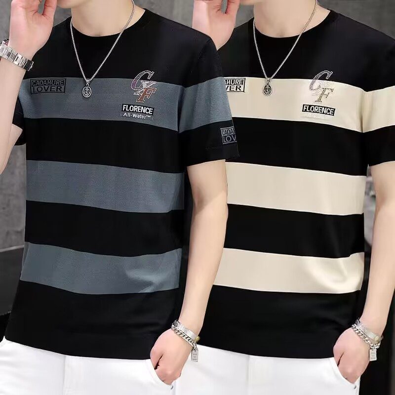 Camiseta curta de seda gelada de alta qualidade para homens, pessoas de meia-idade e jovens, peça superior listrada de manga curta, gola redonda,_voghion.com