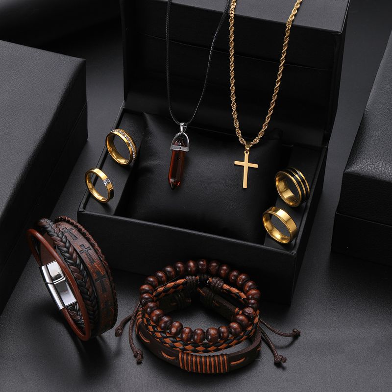 Beliebtes handgewebtes Herrenarmband im Retro-Leder mit Perlenarmband und High-End-Ring-Halsketten-Set_voghion.com