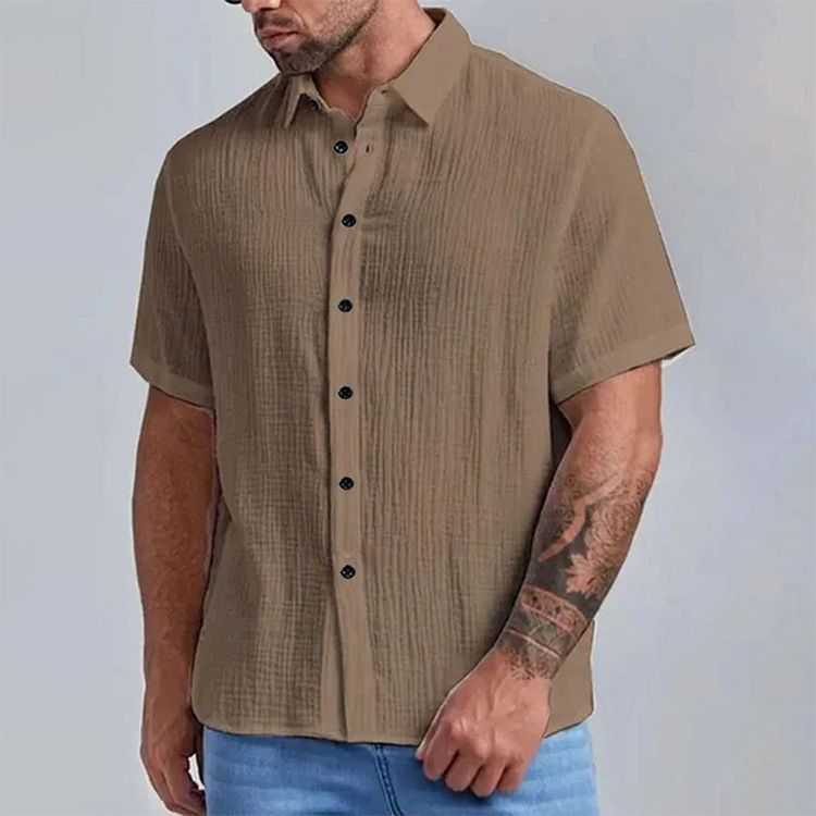 Abbigliamento maschile Camicia a maniche corte in cotone e lino tinta unita a doppio strato alla moda maschile Camicia multicolore semplice alla moda maschile_voghion.com