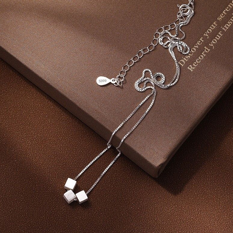 S999 puur zilveren kleine suikerklontjesketting voor vrouwen minimalistische koude stijl niche high-end geborsteld geometrisch vierkant_voghion.com