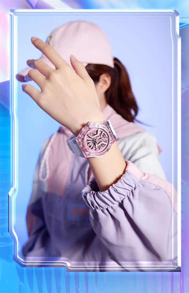 AILANG Women Automatic Mechanical Watch Top Brand Luxury Pink Transparent Case Waterproof Wrist Watch Ladies Skeleton Clock 2024_voghion.com