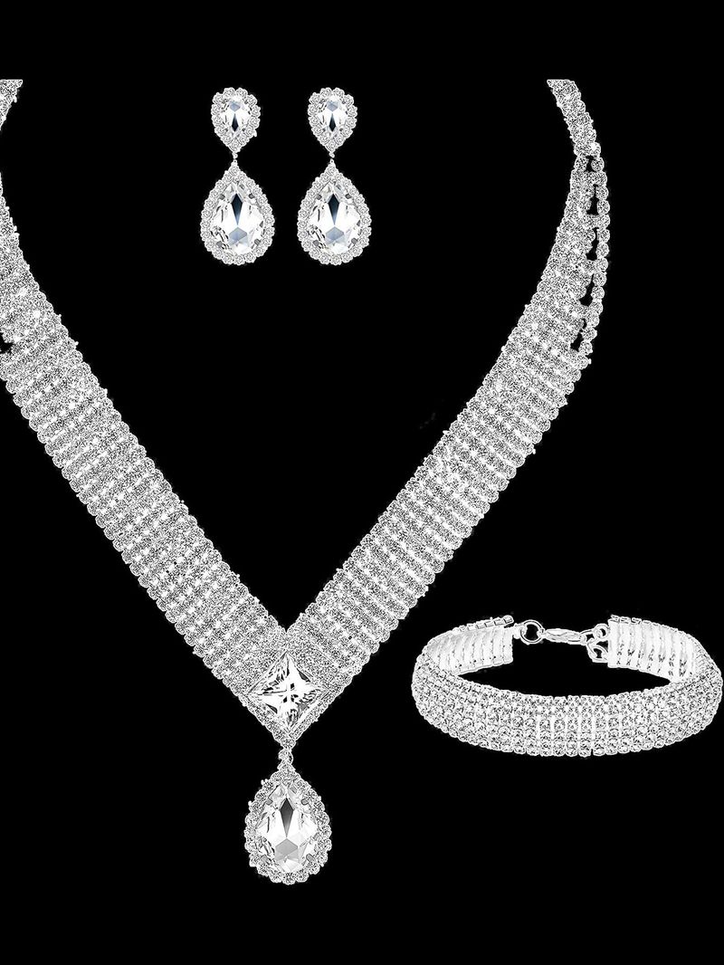 Light Luxury Style Women's Water Drop Pendant Zircon Necklace Earrings Bracelet Bridal Wedding Accessories_voghion.com