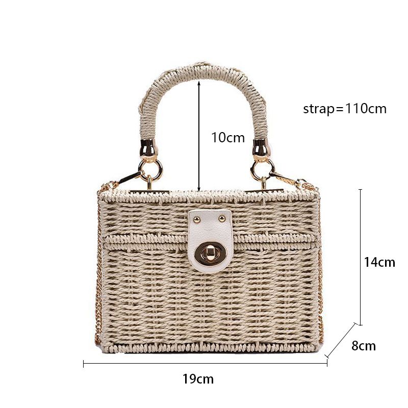 Borsa a tracolla piccola Summer Box da donna in paglia di rattan intrecciata, tracolla a catena, moda femminile, viaggio e spiaggia_voghion.com
