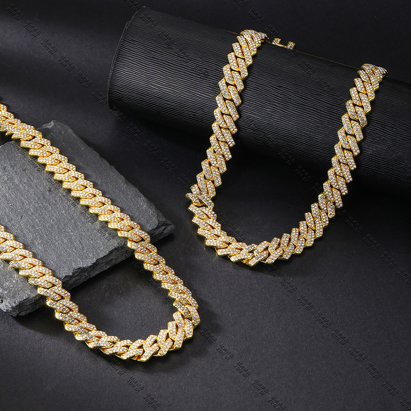 13MM Rhombus Prong Cuban Link Chain 2Row Iced Out Rhinestones Rapper Necklaces Bracelet For Men Women Choker Men Jewelry_voghion.com
