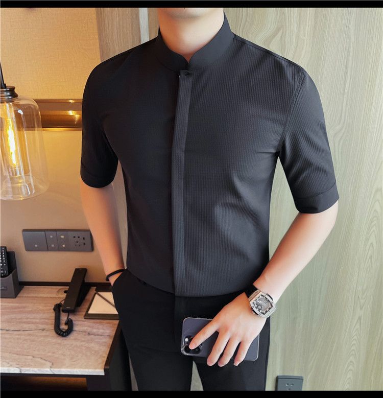 Douyin fornisce camicie da uomo a maniche lunghe, slim fit, con colletto alto, a maniche lunghe, con bottoni nascosti, nuove camicie estive._voghion.com