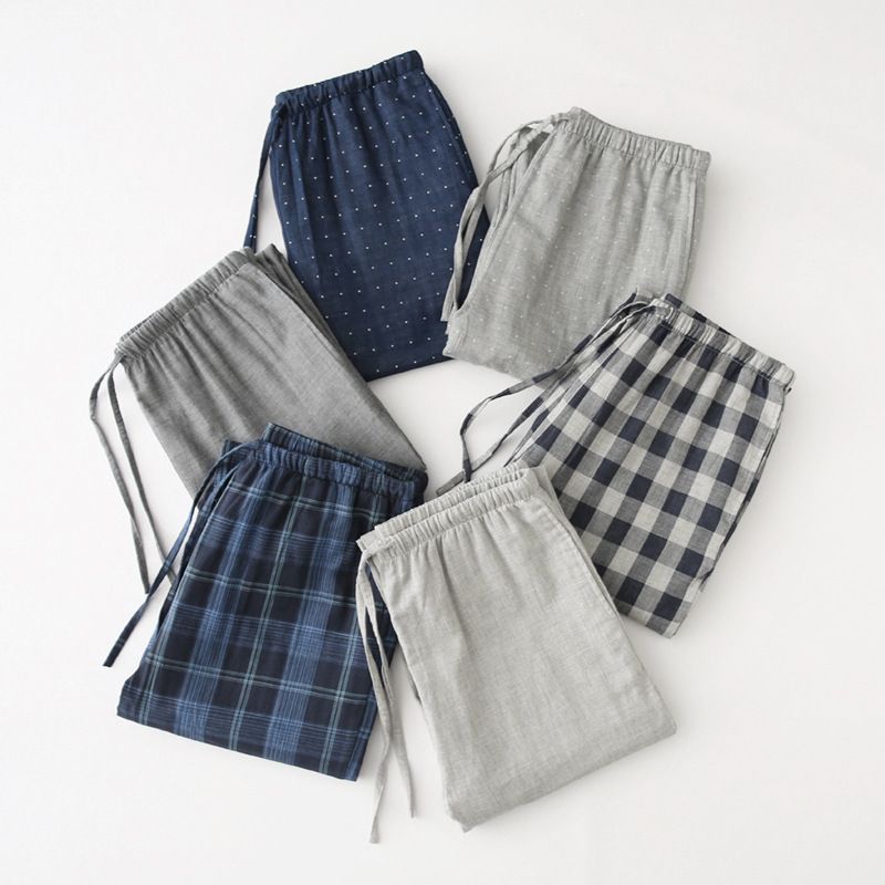 MUJI Style Pure Cotton Double Gauze Plaid Couple's Single Pajama Pants For Men And Women's Home Pants Casual Pants_voghion.com