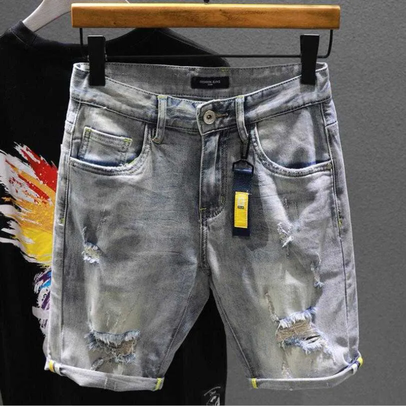 Masculino azul denim estiramento elástico de alta qualidade masculino algodão em linha reta ajuste shorts buracos finos jeans t230502_voghion.com